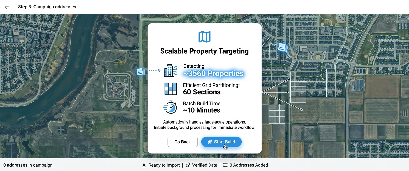 Large area batch processing — ~3560 properties across 60 grid sections