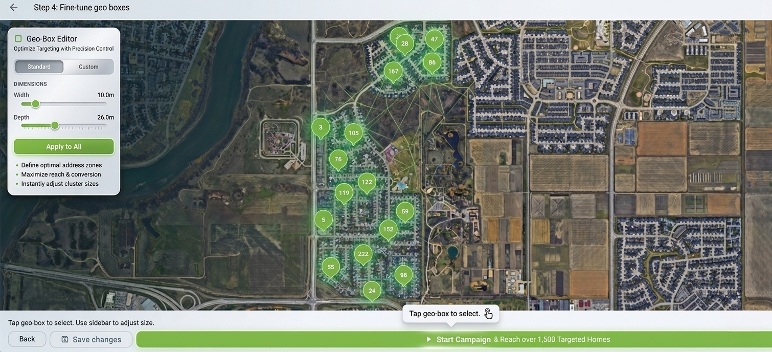 Satellite view showing hundreds of green geo boxes mapped to individual properties with road network overlay